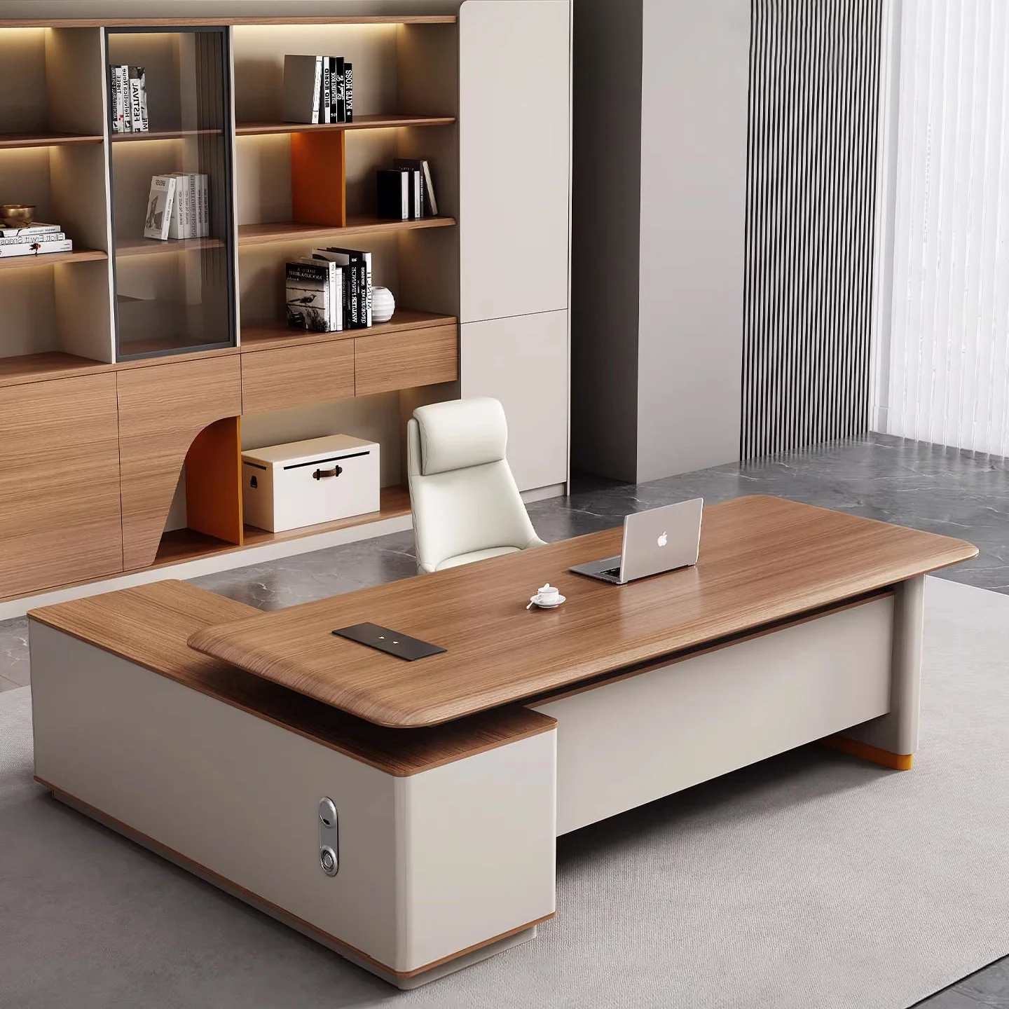 #Boss Desk L-shaped Office Desk Side Cabinet Light Cream Style President's Computer Desk for Small Space Chair Combination