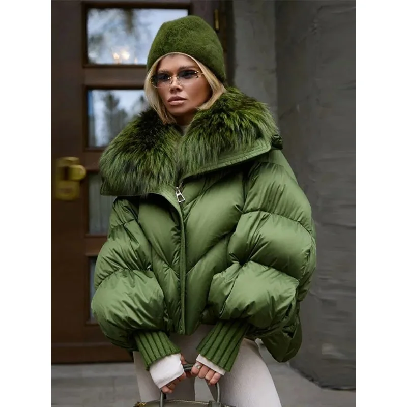 

Women's Winter Fur Collar Parka Coat Hood Long Sleeve Zipper Green Quilted Down Jacket Female Fashion Lady New in Outwear
