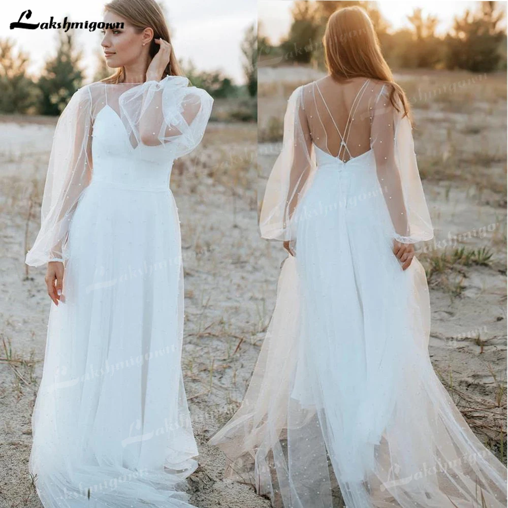 Elegante pearled vestido de noiva 2 peças tule vestidos de casamento cetim deslizamento casamento festa sheer manga longa festa mae da noiva