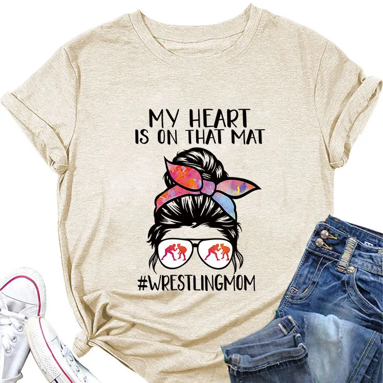 My Heart is on that Mat wrestling mom summer casual casual style printed short-sleeved tops