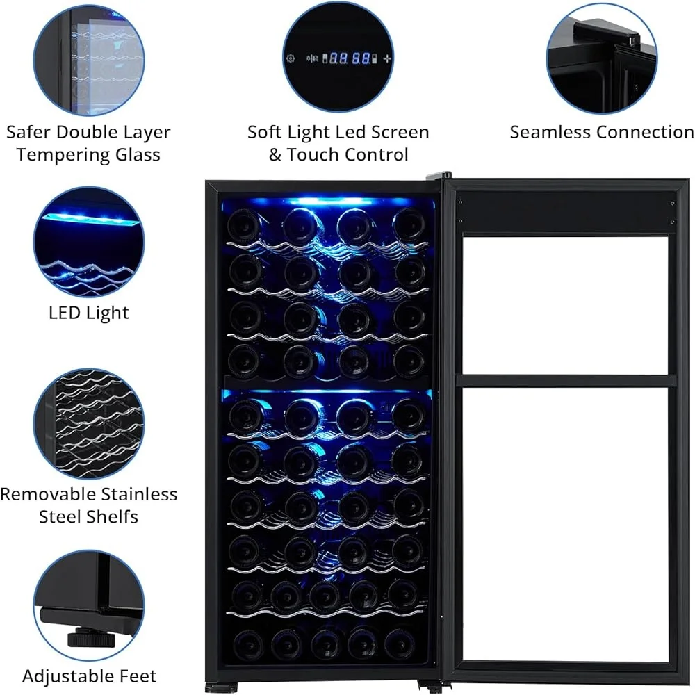 مبرد النبيذ ثنائي المنطقة 66 زجاجة ضاغط قائم بذاته التحكم الرقمي في درجة الحرارة شاشة تعمل باللمس شاشة LED تبريد هادئ
