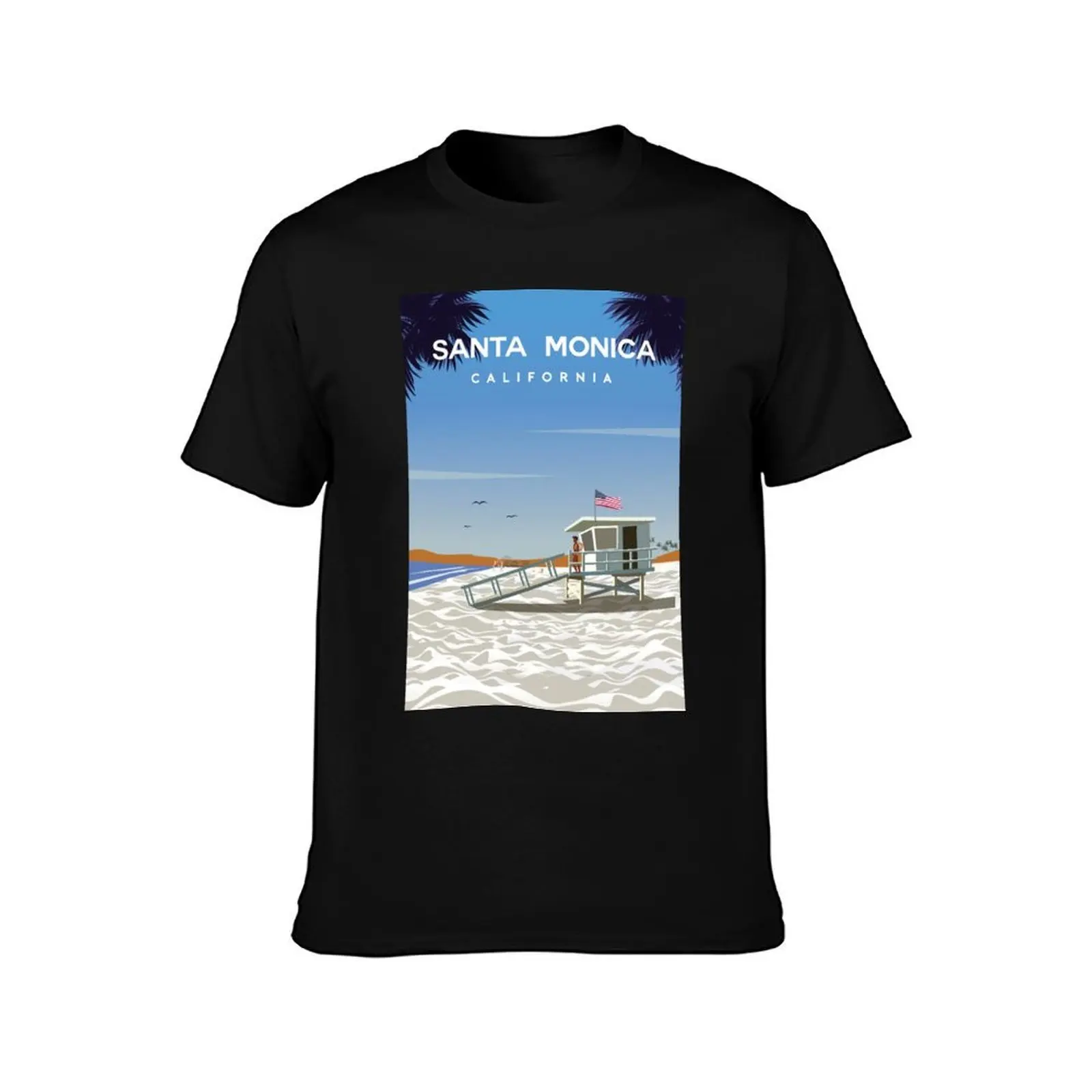 Santa monica california poster T-Shirt, Summer Casual Cotton Tee, Oversized Streetwear Tops, Vintage Graphic Print, 100% Cotton