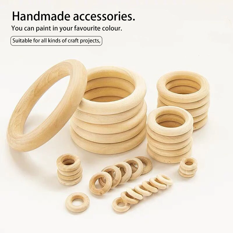 120Pcs Unfinished Wooden Rings 15-55MM Natural Wood Rings For Macrame DIY Crafts Wood Hoops Ornaments Connectors Jewelry Making