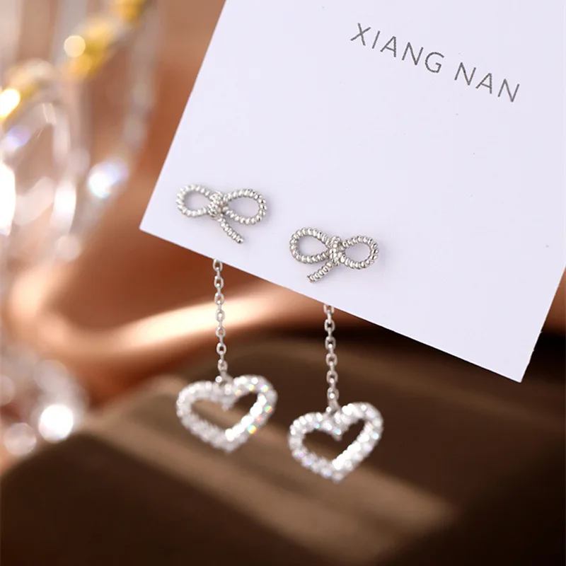CIAXY Silver Color Bownot Stud Earrings for Women Hollow Heart Earring Korean Fashion Luxury Jewelry Party Gifts