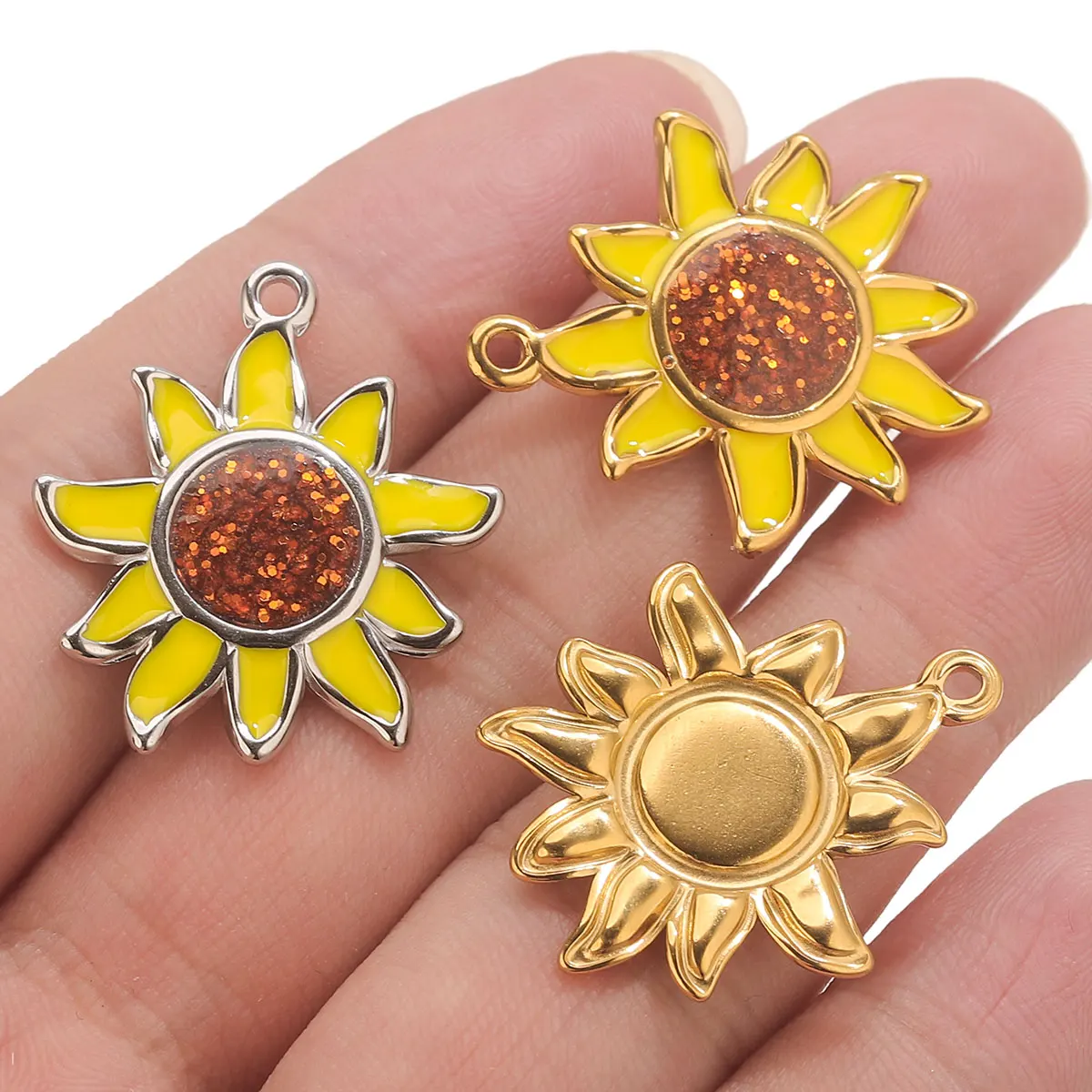 3PCS 18K vergoldet Edelstahl Sonnenblumen Anhänger DIY Halskette Ohrring Schlüssel Anschlüsse Schmuck Zubehör Großhandel