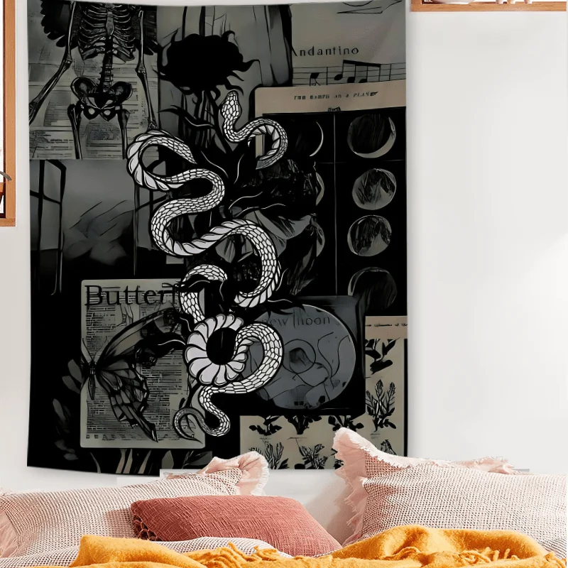 VIKAMA Dark Artistic Tapestry with Snake Bone and Butterfly Wing Craftsmanship Unique Living Room Studio Bohemian Home Decor