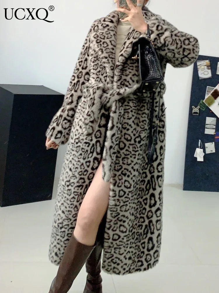 UCXQ Fashion Faux Fur Coat European Style Single Breasted Belt Leopard Loose All Match Long Jacket Women 2024 Autumn Winter 1685