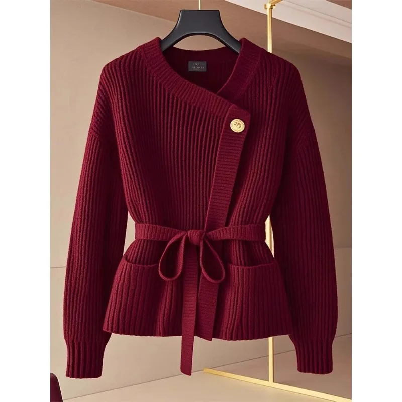 Round Neck Waist Lace-up Knitted Cardigan Women's Autumn Winter Senior Sense Light and Mature Temperament Loose Thin Sweater Top