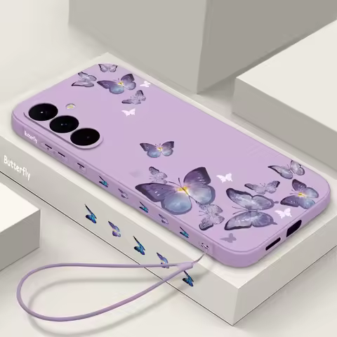 Purple Butterfly Lanyard Case For Samsung Galaxy S25 S22 S23 Ultra S23 S24 FE A55 A56 A53 A54 A35 A26 A15 A16 5G Soft TPU Cover