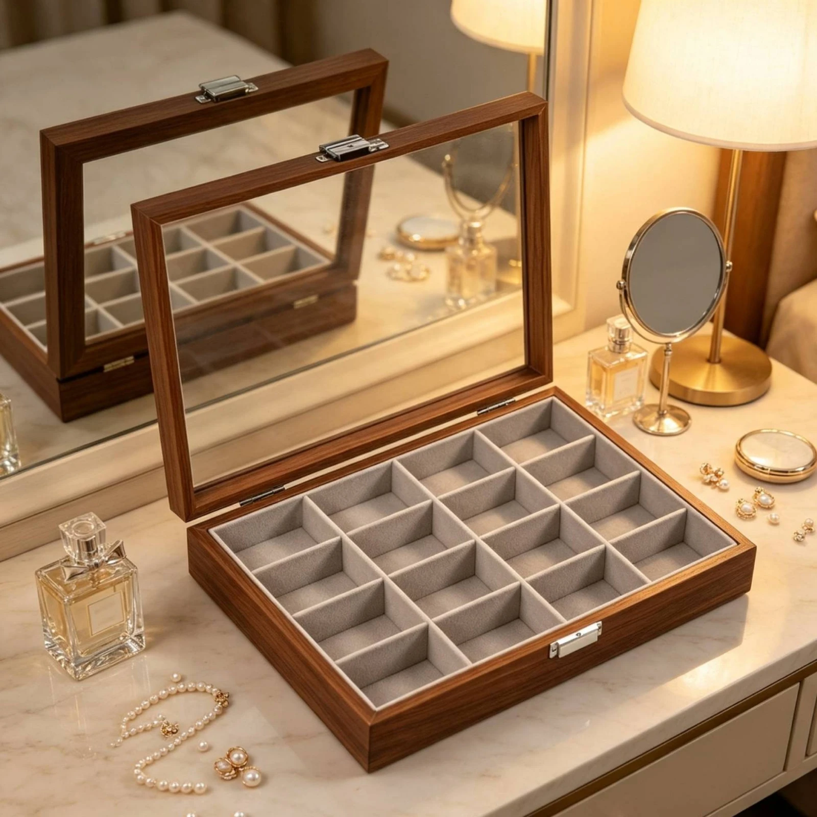 Eyeglass Organizer Walnut Sunglass Display Case Glasses Box with Transparent Lid Wooden Storage Box with Slots 8-Slot