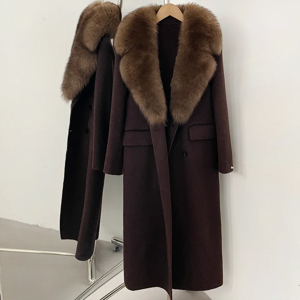 OFTBUY Luxuriöser Doppelreihiger Langer Wollmantel für Damen mit Echtem Fuchspelzkragen, Winter-Wärmejacke, Schlanke Wollkleidung mit Echtpelz – Detail 25