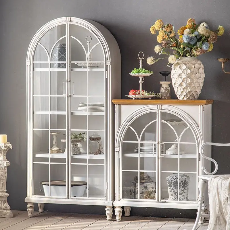 French retro wine cabinet solid wood against the wall display cabinet household living room dining room locker multi-layer white