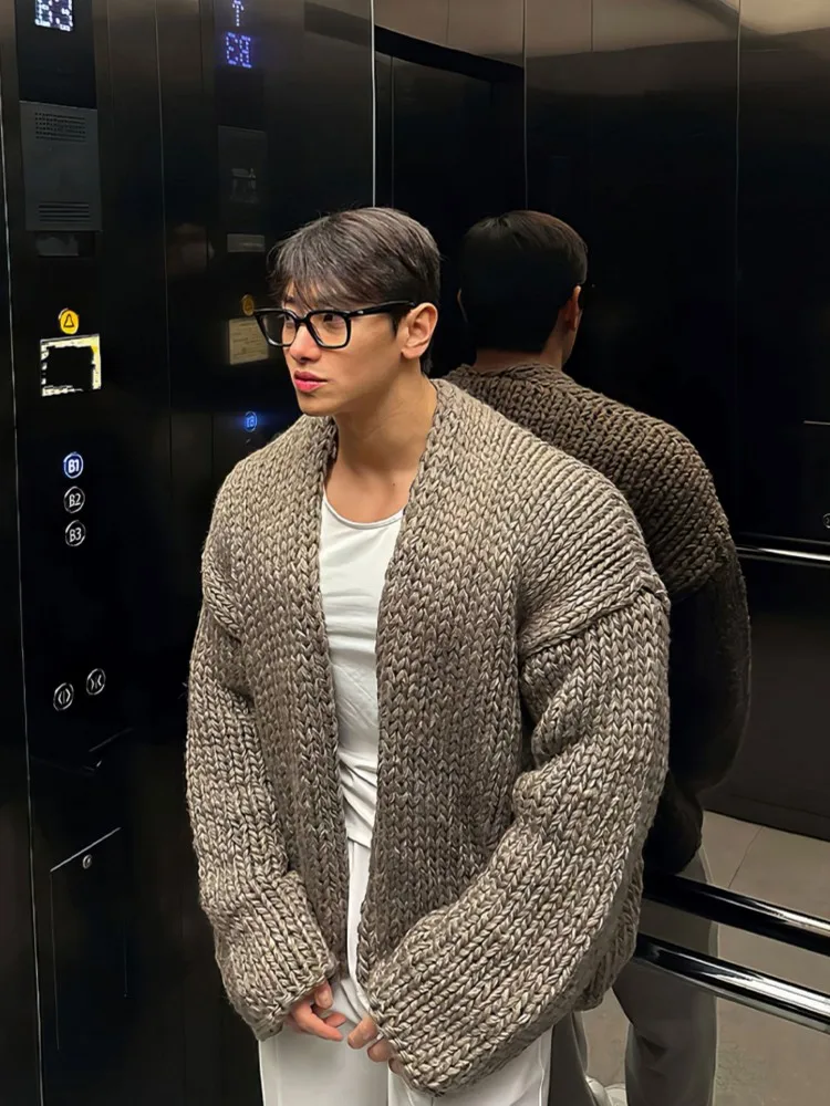 Winter Fashion Men V Neck Wool Knit Cardigan Long Sleeves Jacket Short Style Thicken Solid Color Weave Male Casual Sweater Coat