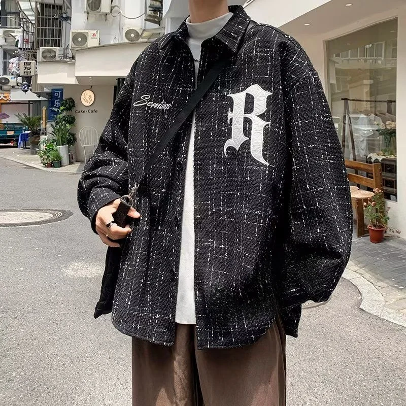 

Loose Long Sve Embroidered irt Men's Trendy Streetwear Vintage Plaid Design Casual irt Jaet Polyester Youth Faion