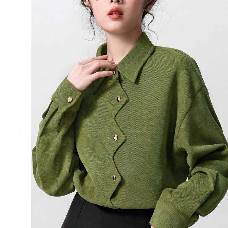 Spring and Autumn Woman Shirt Hong Kong Retro Style Green Polo-neck Long Sleeve Shirt Irregular Trend Lively Creative Niche Chic