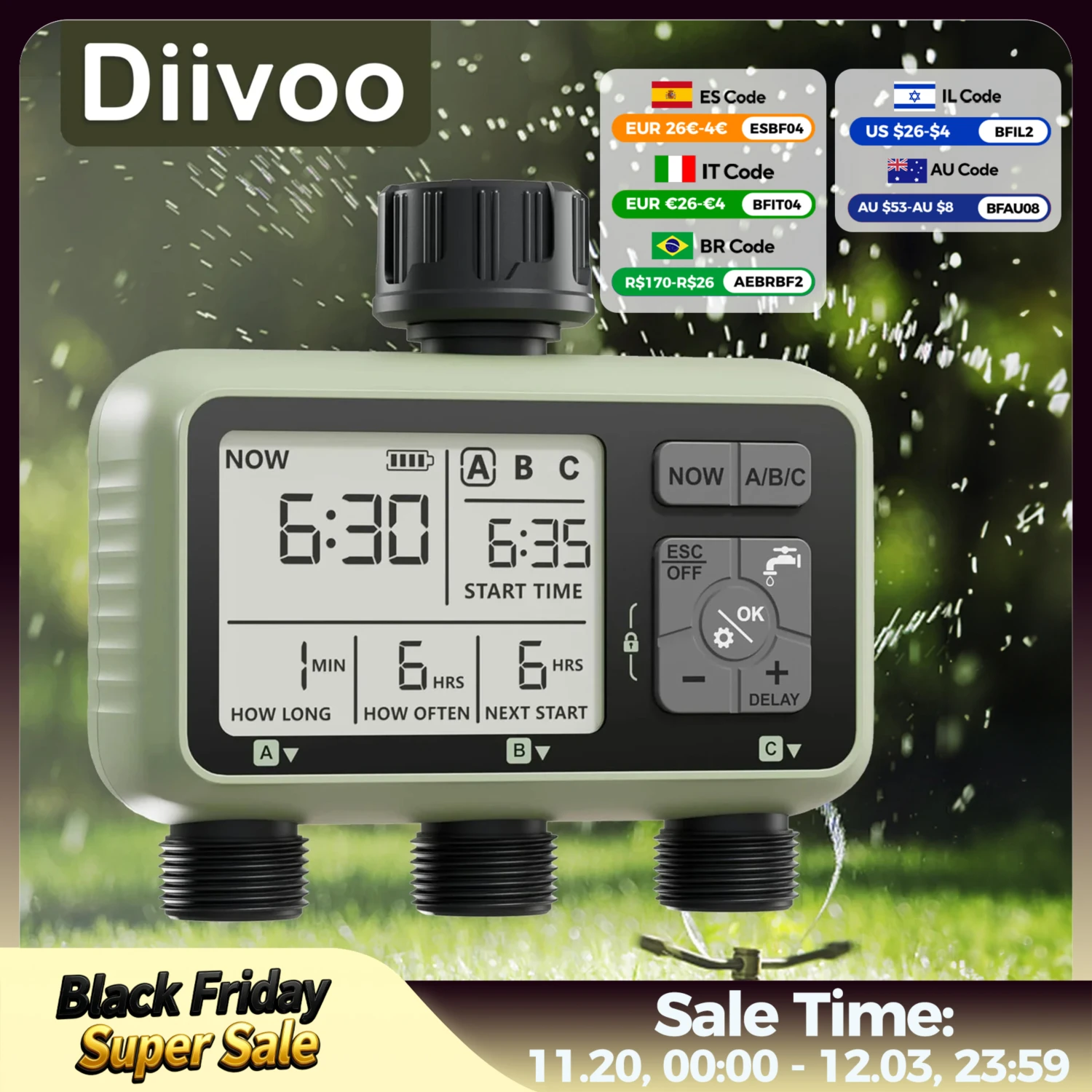 

Diivoo Garden Water Timer 3 Outlet for Garden Hose Programmable Automatic Irrigation Timer IP54 with Rain Delay Manual/Auto Mode