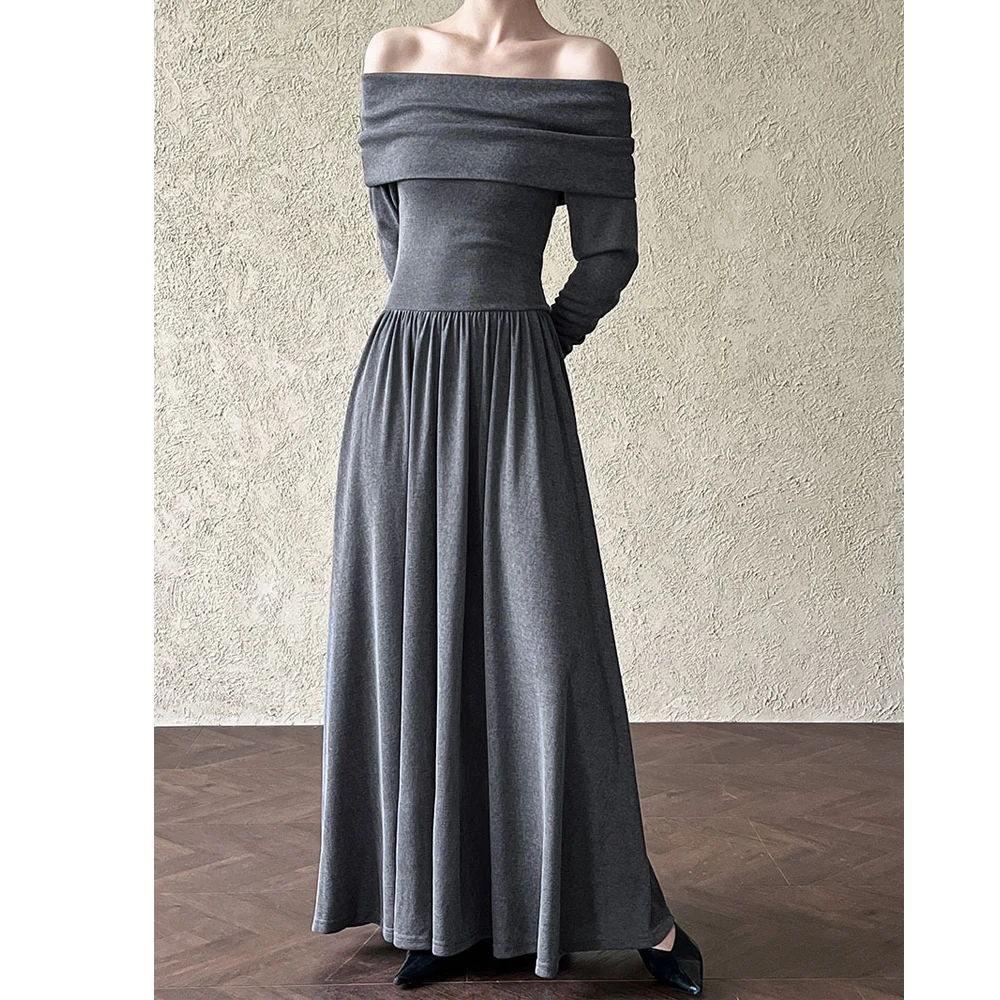 2024 Nowa jesienna długa sukienka damska Sexy Off The Shoulder Design High Stretch Long Sleeve Slim Women Maxi Dress