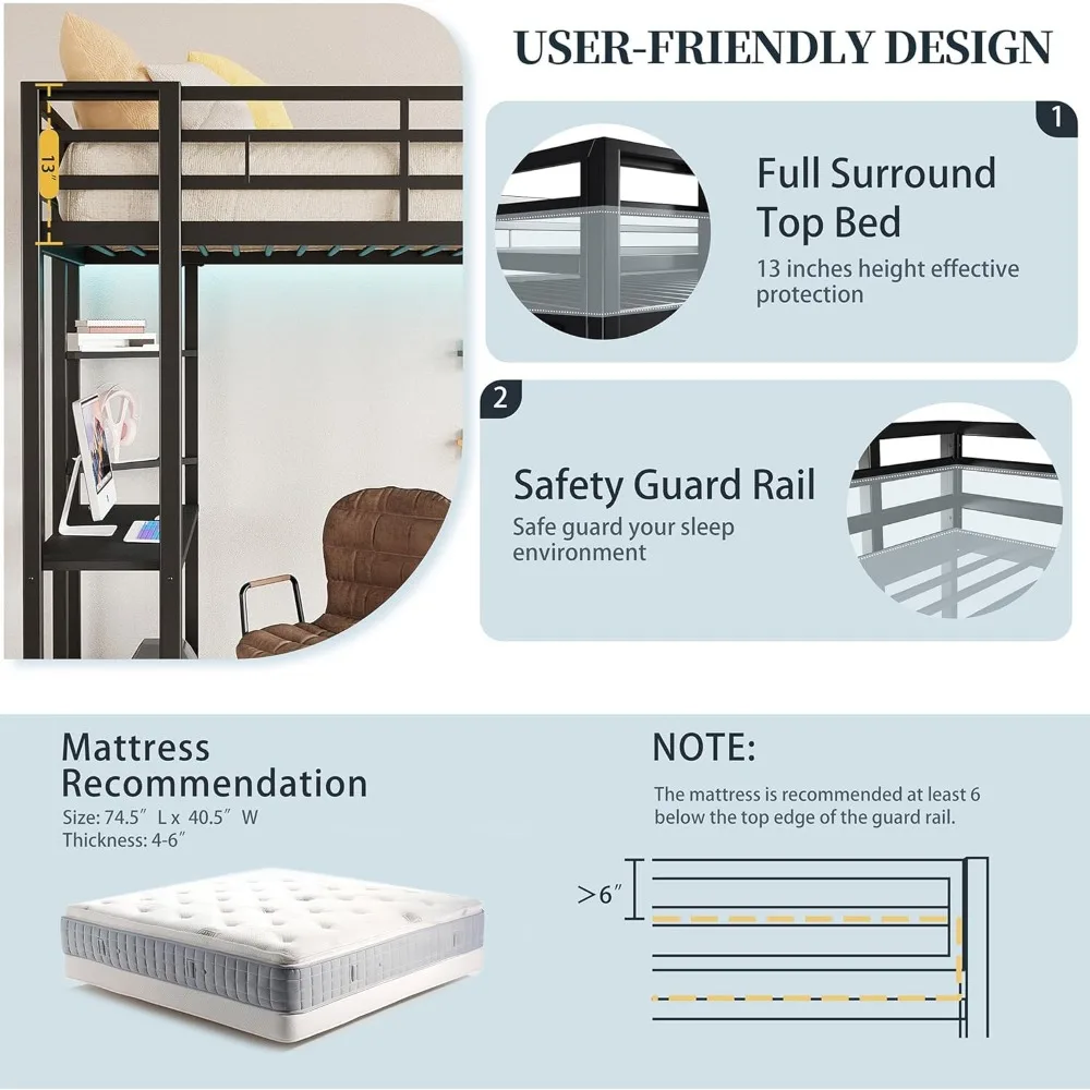 Lit mezzanine double en métal avec bureau, lit mezzanine double avec 2 échelles intégrées et protection de sécurité, sans bruit pour petite chambre, noir