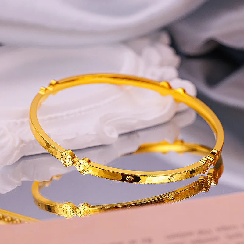 24K real gold Light luxury design sweet cnc bow plain loop bracelet au9999 Pure gold women's broken ice ice bow diamond bracelet