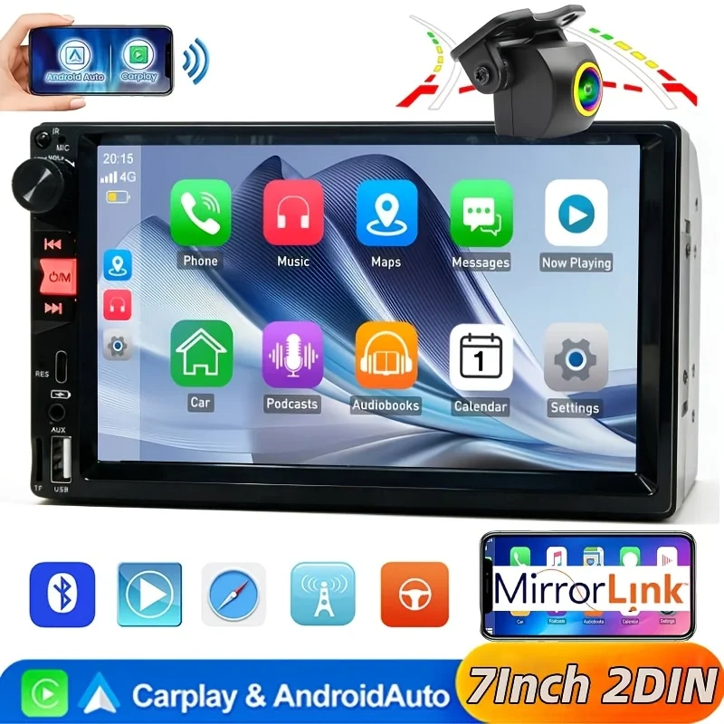 Wireless 7' 2DIN Car Stereo MP5 Player And Fisheye Golden LEN Dynamic Trajectory Rear View Backup Camera, Wireless Carplay