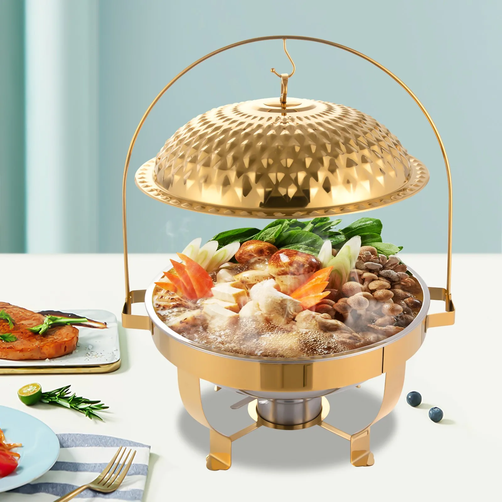 

Luxury Diamond-Cut Lid Food Warmer 8L in Gold Tone for Large-Scale Dining Services