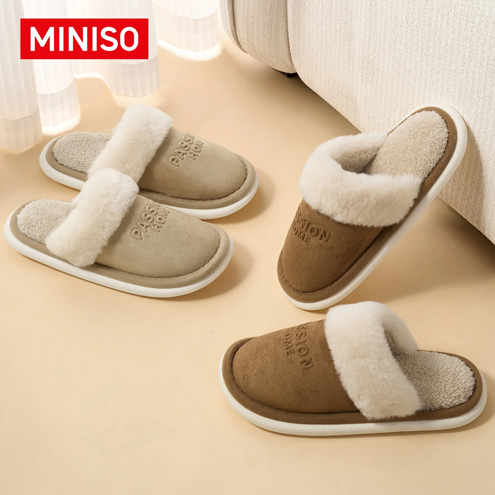 MINISO Women Suede Slippers Faux Shearling Fuzzy House Shoes Warm Plush Lined Frayed Edge Bedroom Slippers Winter Home Shoes