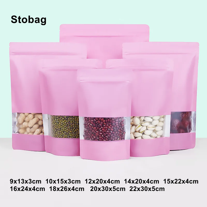 StoBag 100pcs Pink Matte Food Packaging Ziplock Bag Stand Up Self Sealing Window for Beans Snack Nuts Storage Reusable Pouches