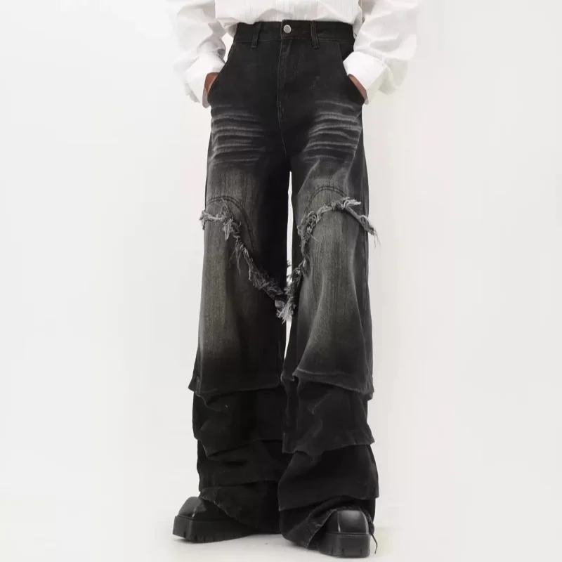 

Джинсы с широкими штанинами и дизайнерскими вставками для мужчин, в американском стиле, модные, свободного кроя, полной длины.