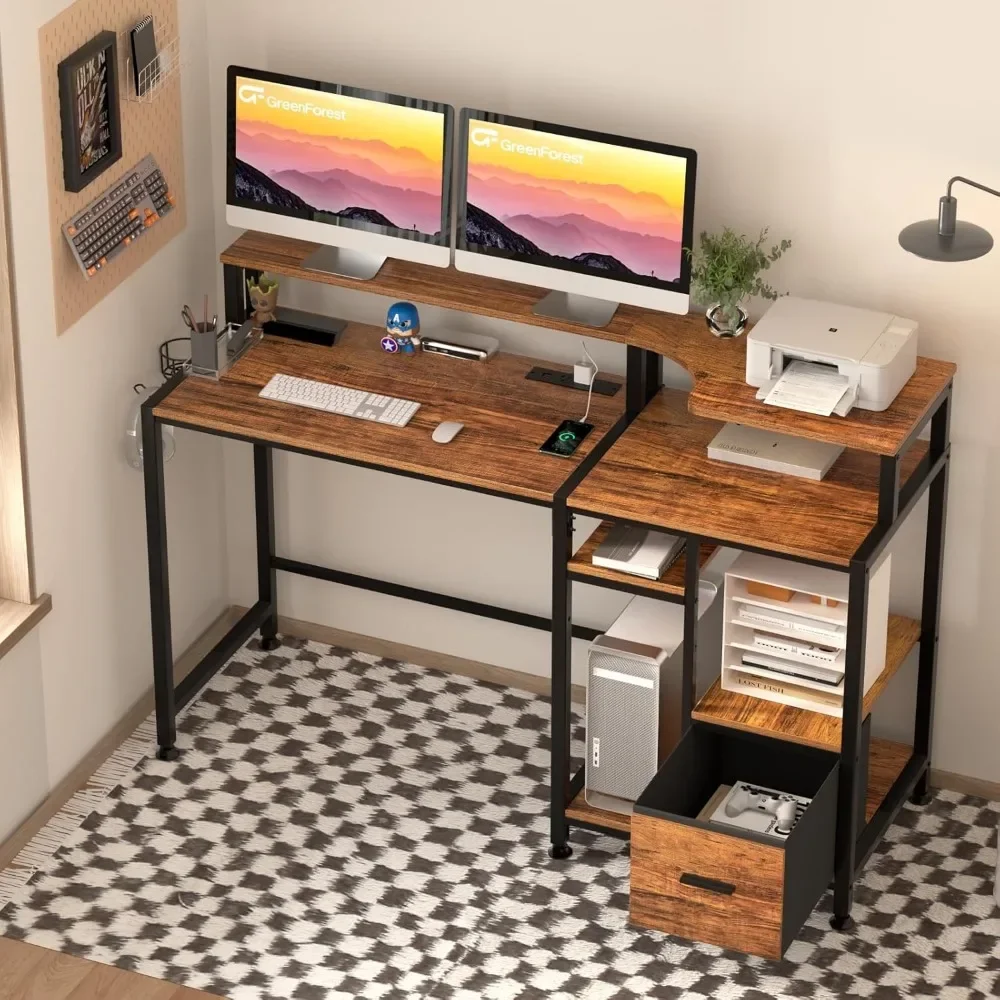 

Computer Desk 55 inch with Drawers and Outlets, with Storage and Printer Shelf, Work Desk with Fabric File Drawer Monitor Stand