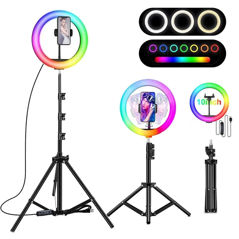 32 Clours LED RGB Selfie Ring Light Circle Fill Light Video Lamp Makeup Photography RingLight with Phone Holder Tripod Stand