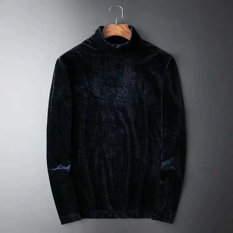 Luxury Elegant Slim Fit Men T Shirt Turtleneck Velvet Tshirt Men 2022 Autumn Winter Long Sleeve Stripe Sleeve Undershirt Men