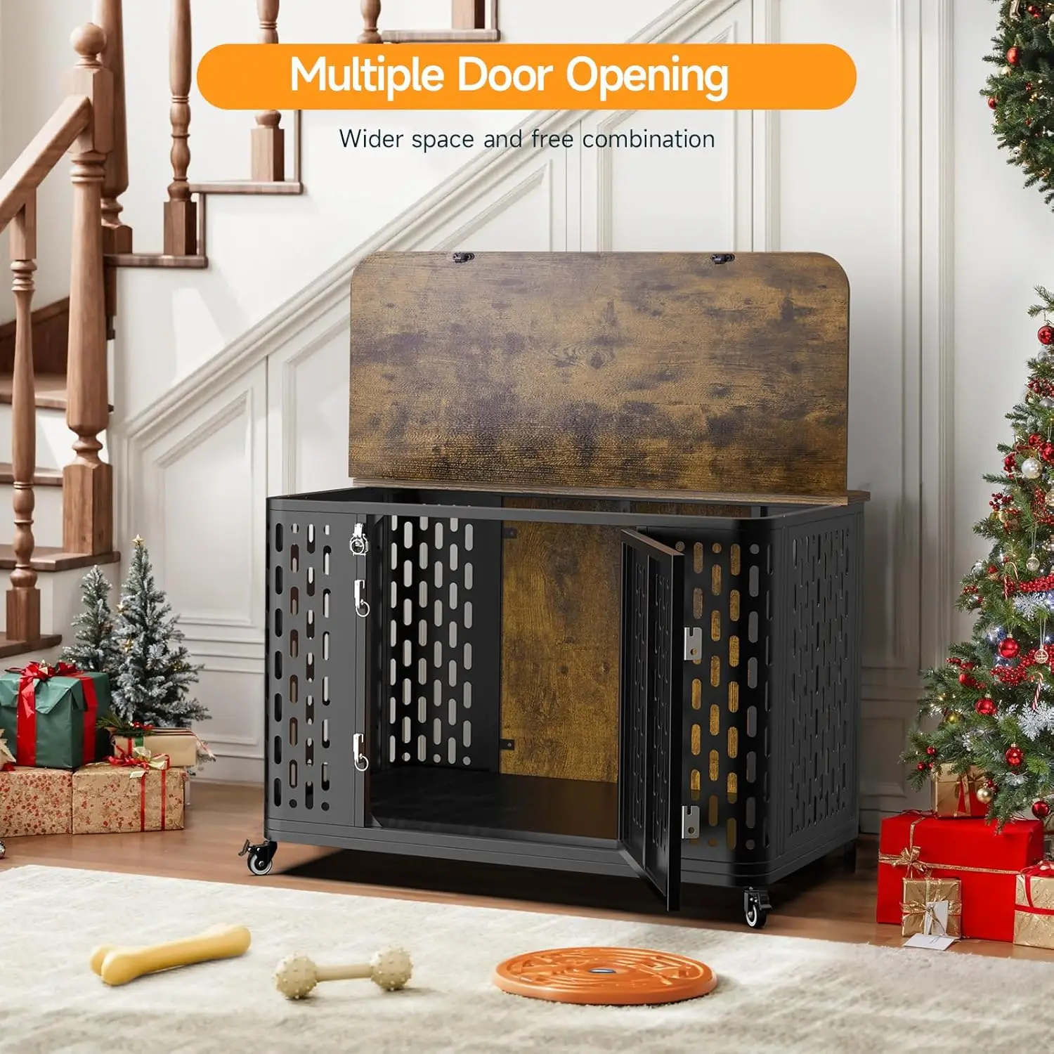 Caixa para cães com almofada, mobília resistente de madeira para cães de 38 "com parte superior e rodas para cães de alta ansiedade, animais de estimação à prova de fuga