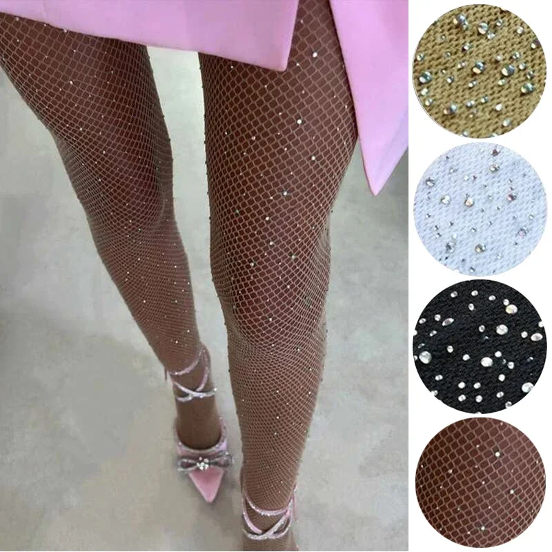 2024 verão fishnet diamante meia-calça para mulheres sexy moda brilhante net collants feminino fino strass malha elastano meias tigh