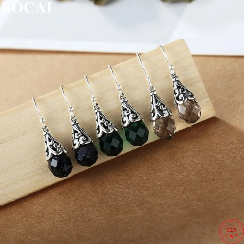 BOCAI 925 Sterling Silver Drop for Earrings for Women Retro Hollow Flowers Inlaid Tangent Plane Green Crystal Ear Drop  Jewelry