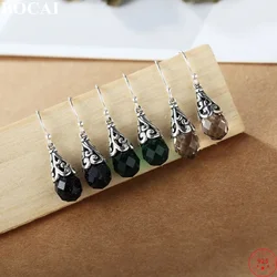 BOCAI 925 Sterling Silver Drop for Earrings for Women Retro Hollow Flowers Inlaid Tangent Plane Green Crystal Ear Drop Jewelry