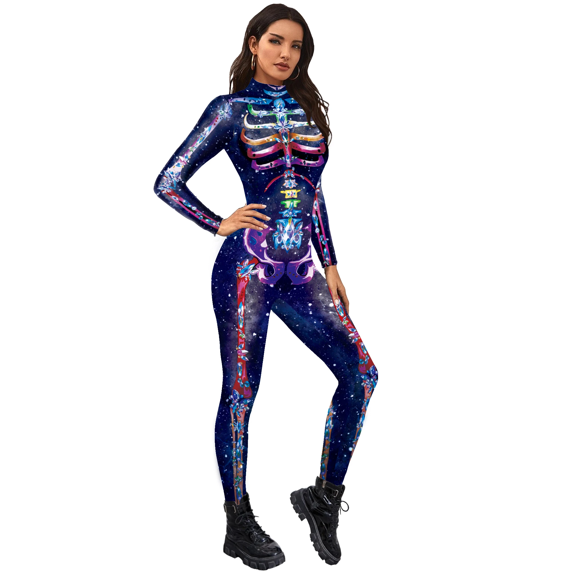 IOOTIANY Horror Lila Totenkopf-Druck Bodysuit Day of the Dead Halloween Feiertags-Spielset Erwachsenen-Jumpsuit Karneval Cosplay Zentai Kostüm – Detail 8