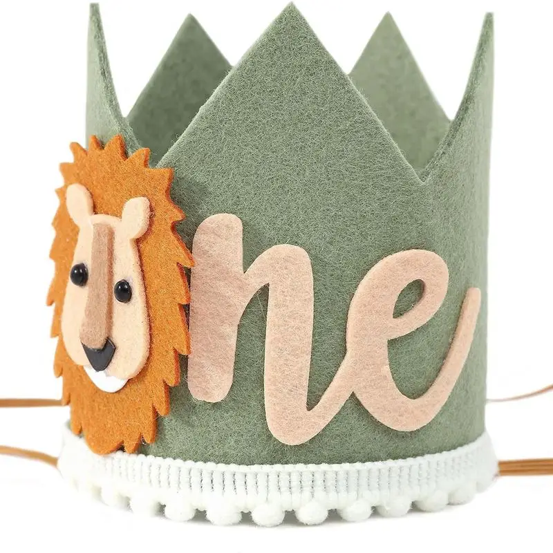 

One Year Felt Crown Hats Birthday Party Cartoon Animal Jungle Party Hat Kids ONE Lion Baby Shower Happy 1st Birthday Party Decor