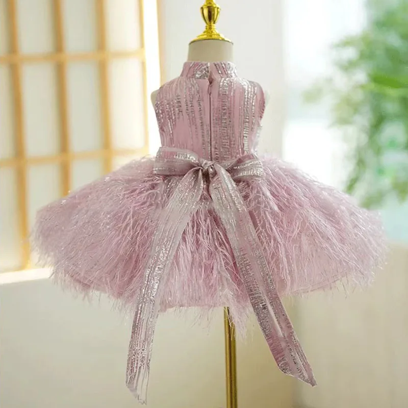 Elegant Girl Dress Sleeveless Tassel Kids Princess Girls Clothes Sequined Trend Feather Evening Children Birthday Party Clothing