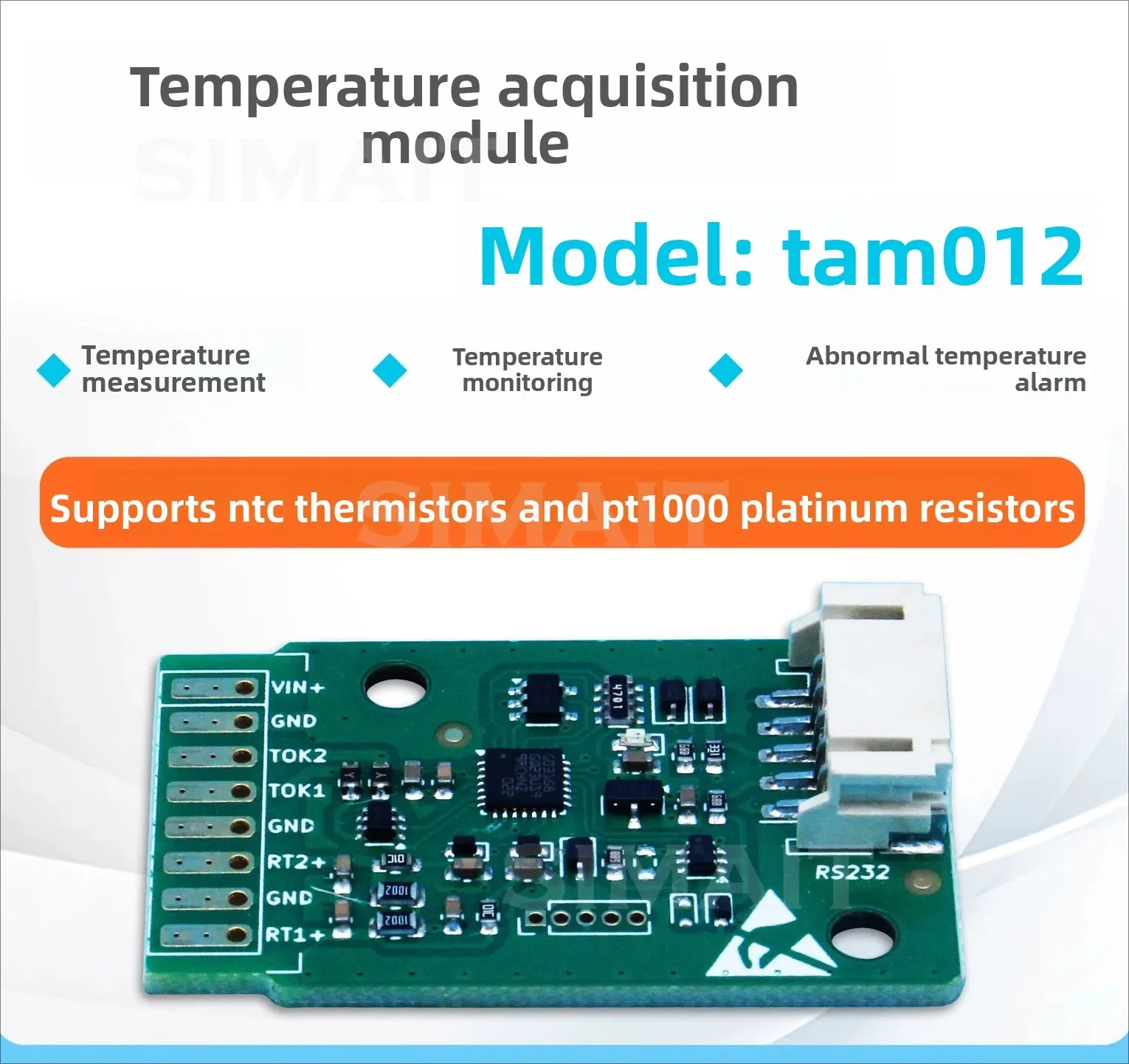 TAM012 Temperature Sensor Module | Dual-Channel NTC Ther mistor & PT1000 RTD Data Acquisition Board