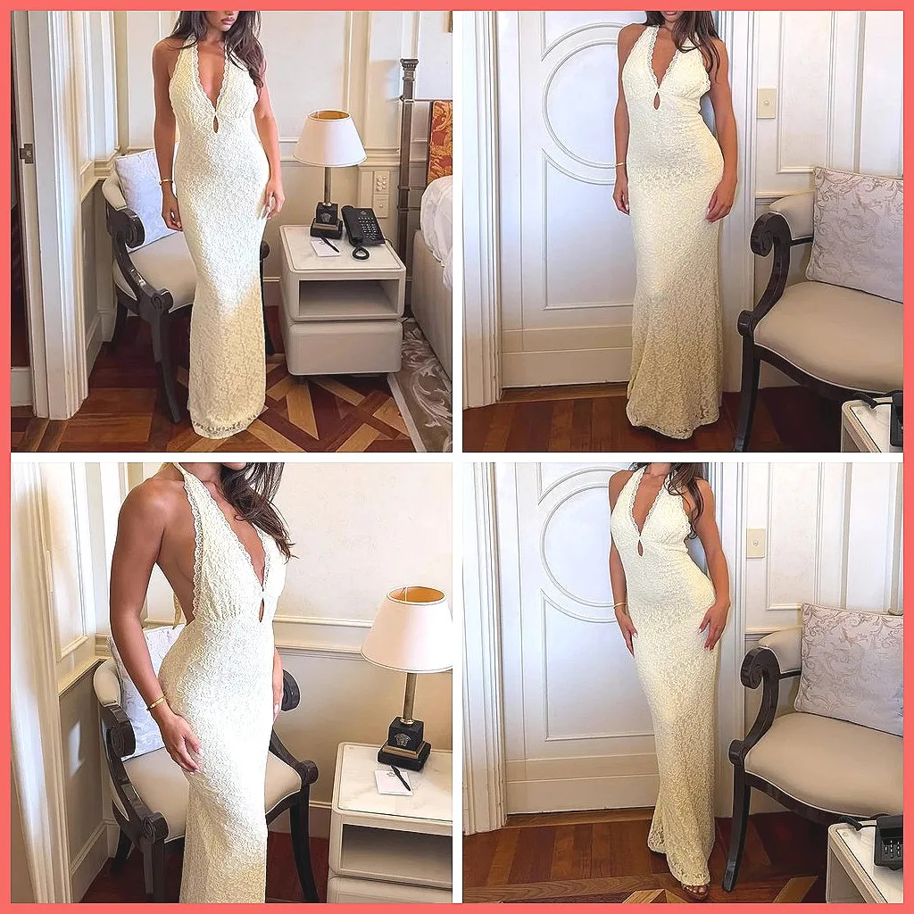 

Summer Sexy V-Neck Lace Jacquard Slim Evening Dress, Hollow Out Sleeveless High Waist Banquet Dress