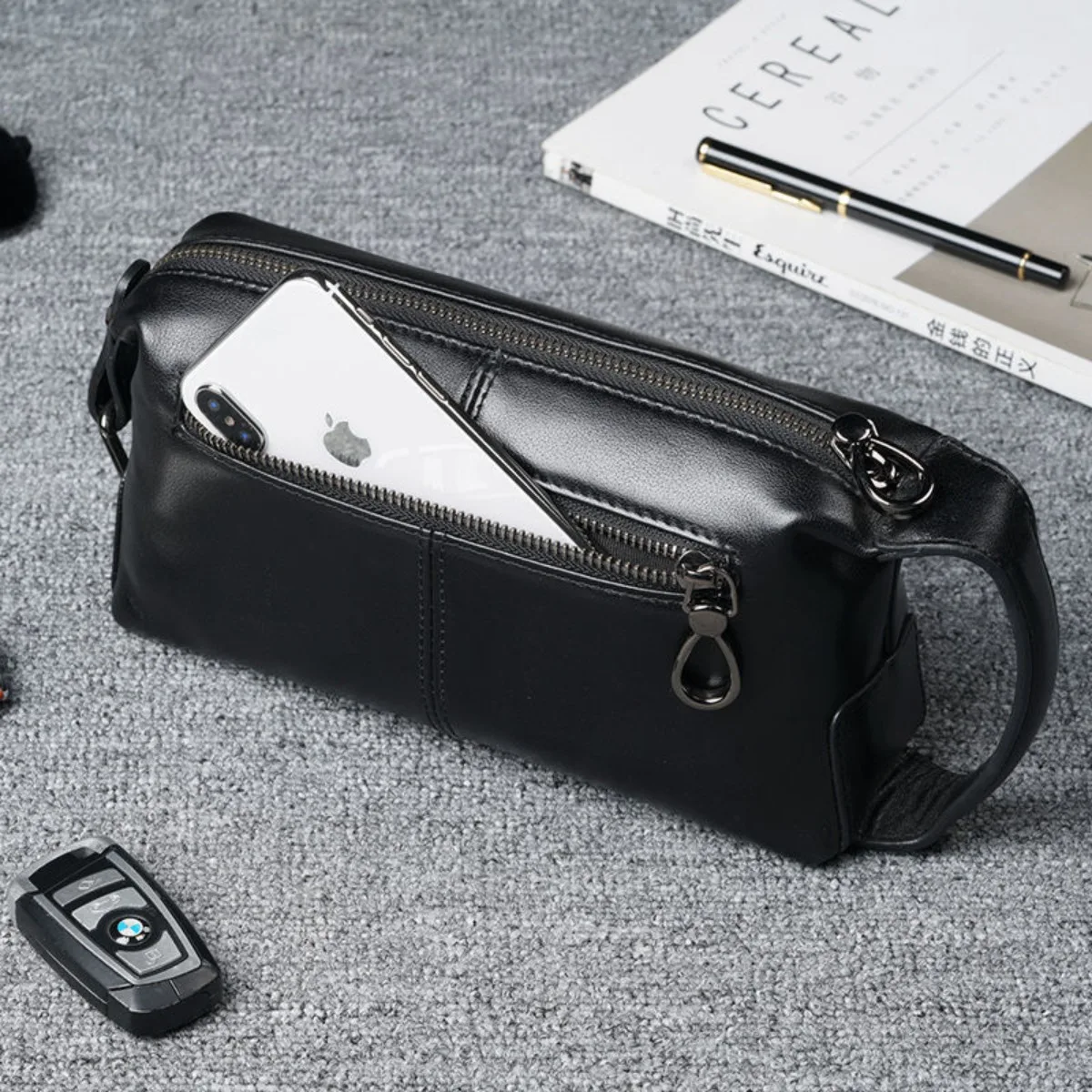 حقائب يد أصلية للرجال من الجلد الطبيعي بمقبض كبير على شكل بقرة حقائب يد فاخرة للأعمال محافظ رجالية عصرية غير رسمية ومحافظ نقدية