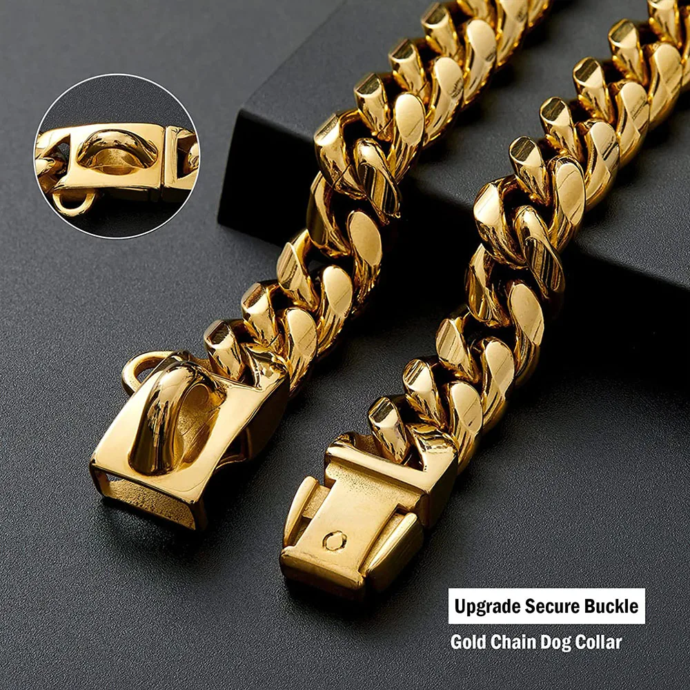 Strong Metal Dog Cuban Chain Collar Stainless Steel Pet Collar For Large Dogs Pitbull Bulldog Silver Gold Show Collar