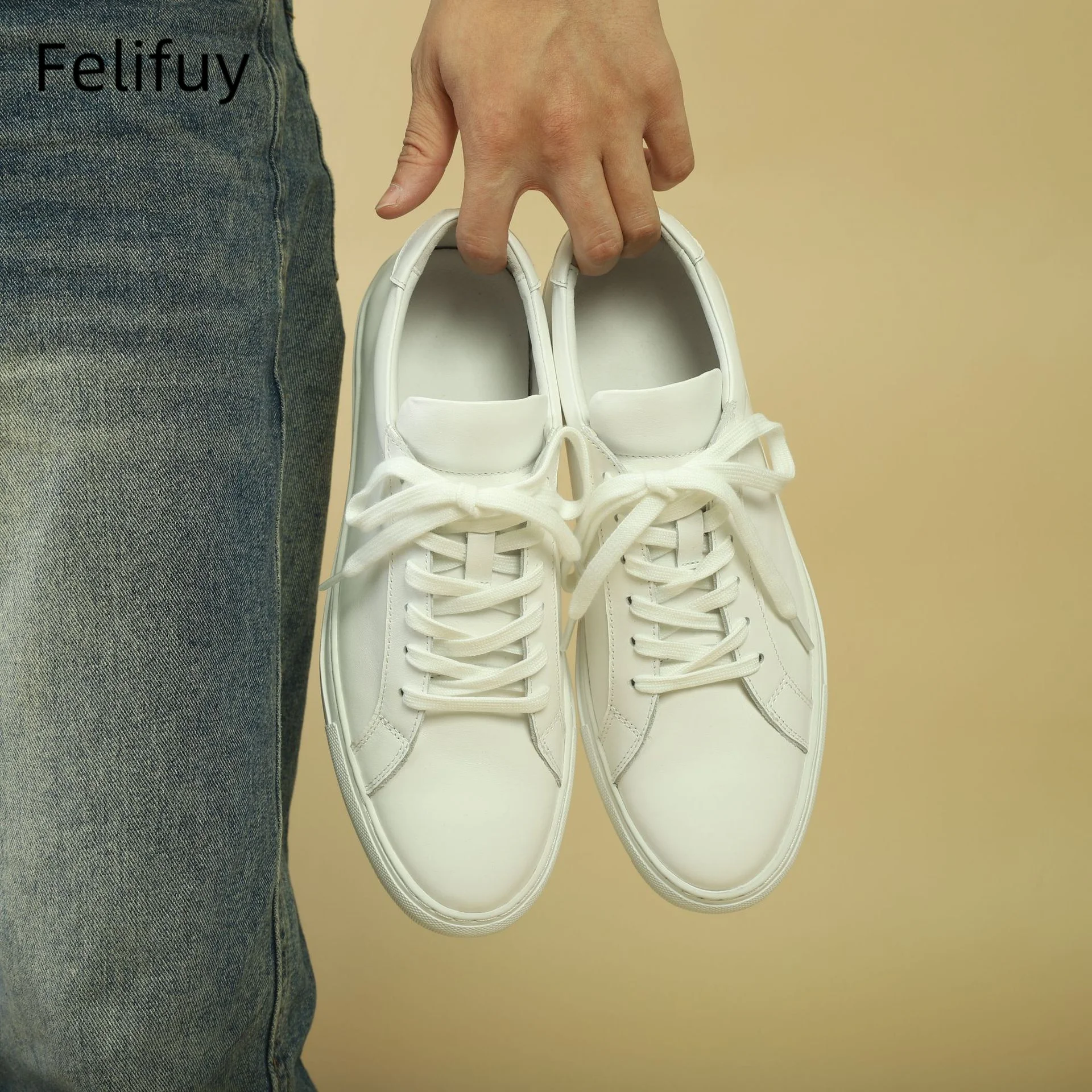 White Men Trendy Genuine Leather Round Head Lace Up Flat Sneakers Solid Simple Cow Basic Shoes Casual Male Spirng Autumn Shoes