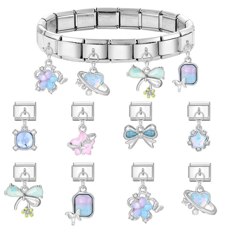 

DIY Zircon Bow Knot Star Butterfly Heart Pendant Italian Charm Links Fit 9mm Bracelet Stainless Steel Women Making Gifts