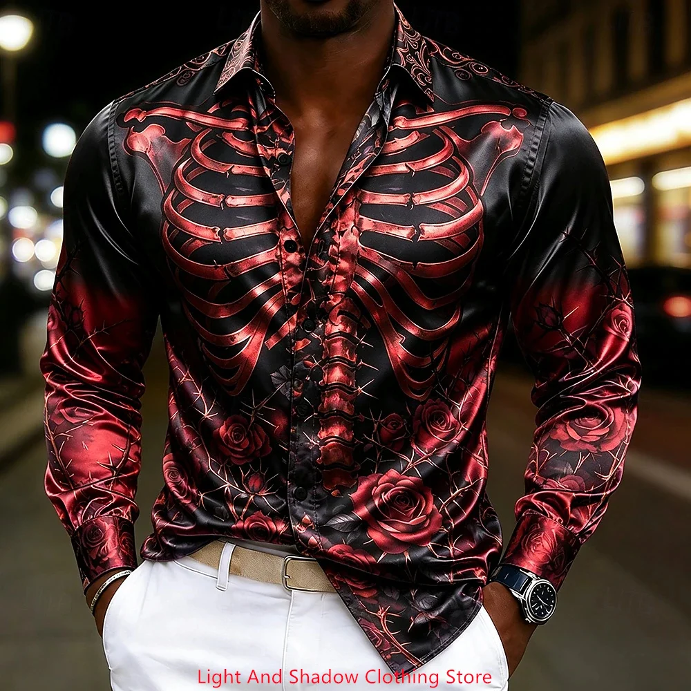 Men's Satin Long Sleeved Button Up Shirt, Gothic Skeleton Rib, Red Rose Thorn Print Silk, Halloween Party, Nightclub, Ball Shirt