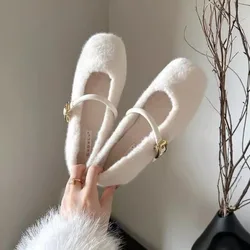 New Style Elegant Buckle Strap Fur Mary Jane Shoes Woman Cosy Soft Fluffy Ballet Flat Ladies Plush Shallow Loafers Concise Dress