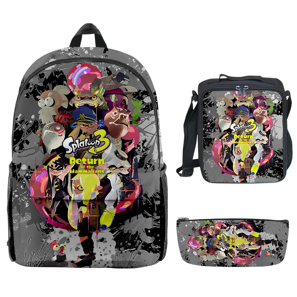 Luxury Novelty Cool Splatoon 3 3D พิมพ์ 3 ชิ้น/เซ็ตนักเรียนโรงเรียนกระเป๋าแล็ปท็อป Daypack กระเป๋าเป้สะพายหลัง Crossbody ถุงอาหารกลางวันดินสอกรณี