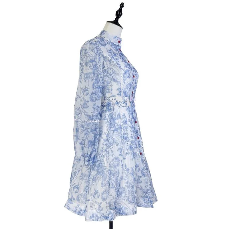 Vestido Australiano Nuevo para Mujer, Cuello Alto, Manga Larga Abullonada, Bloques de Color, Botón Único, Estampado Azul, Est...