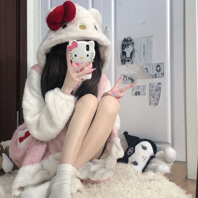 Y2K Cartoon Sanrio Hello Kitty New Plush Home Clothes Women Pajama Robes Hooded Cute Soft Nightgown Female Fuzzy Long Nightdress