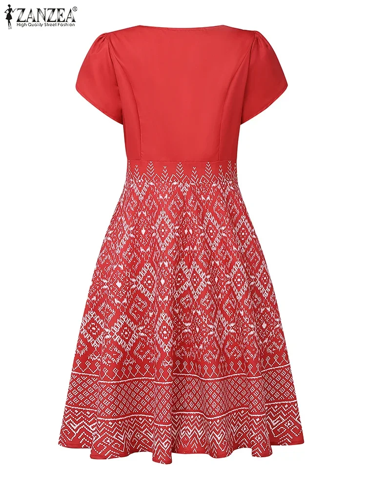ZANZEA Donne Collo Quadrato A-Line Vestaglie Femme Manica Petalo Moda Stampa Etnica Vacanza Abiti Al Ginocchio Abiti Eleganti